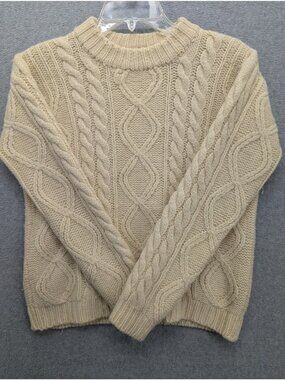 Vintage Russ Sweater Mens Large White 100% Wool Cable Knit Crewneck Pullover